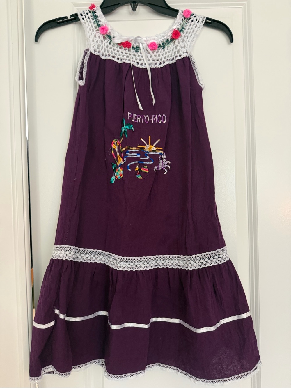 Puerto Rico Embroidered Purple Girls' Sundress with Crochet Trim